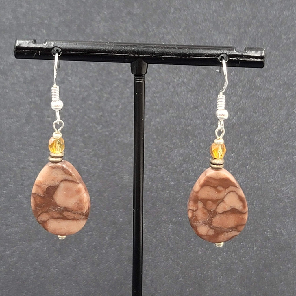 Pierced Earrings Sterling Silver Brown Stone Teardrop Bead Dangle 1.25"