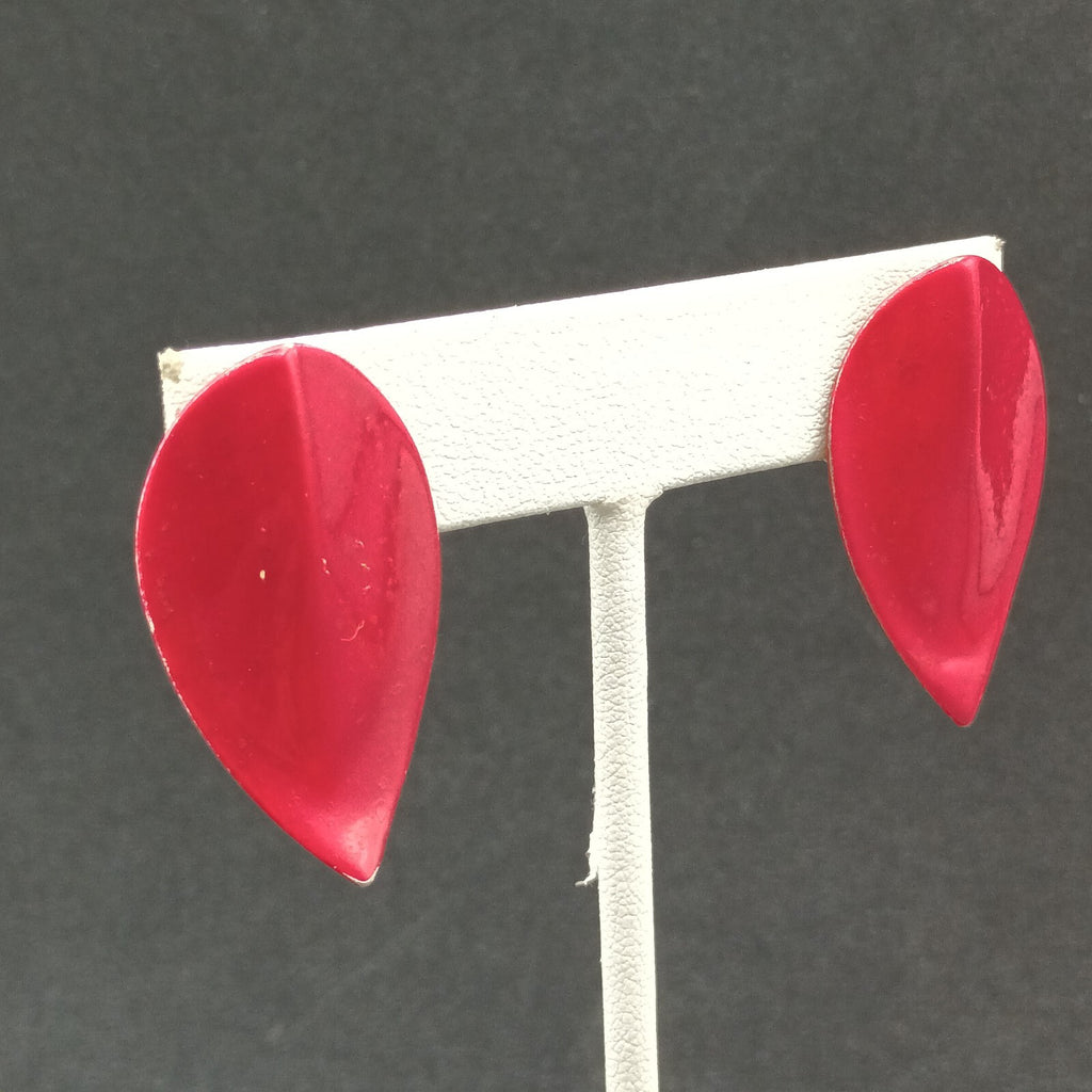 Vintage Pierced Earrings Red Enamel Over Metal Leaf Drop 1 3/8"
