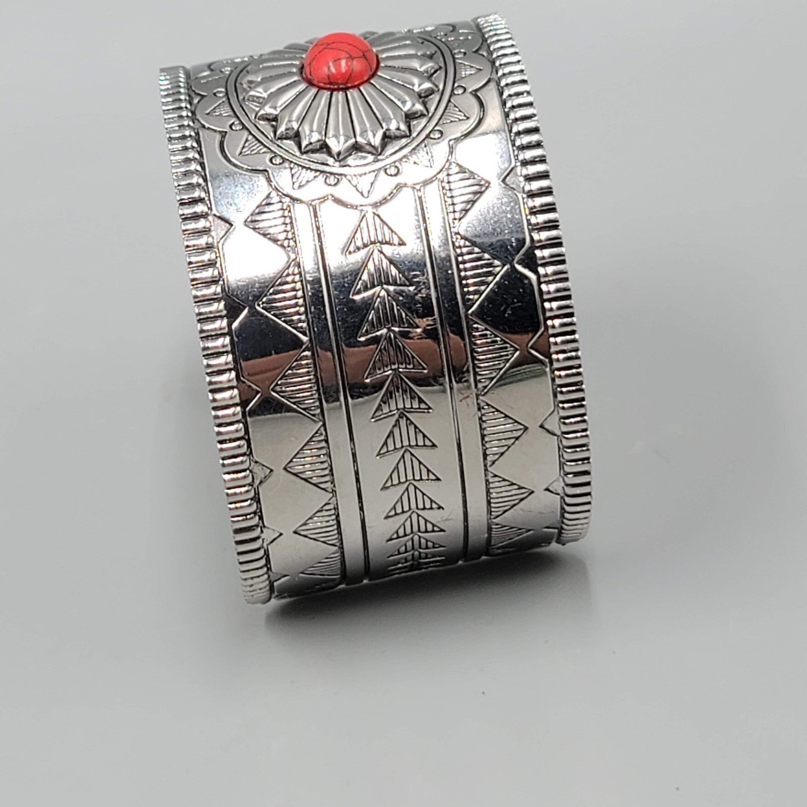 Southwest Red Accent Cuff Bracelet Silver tone 7 in