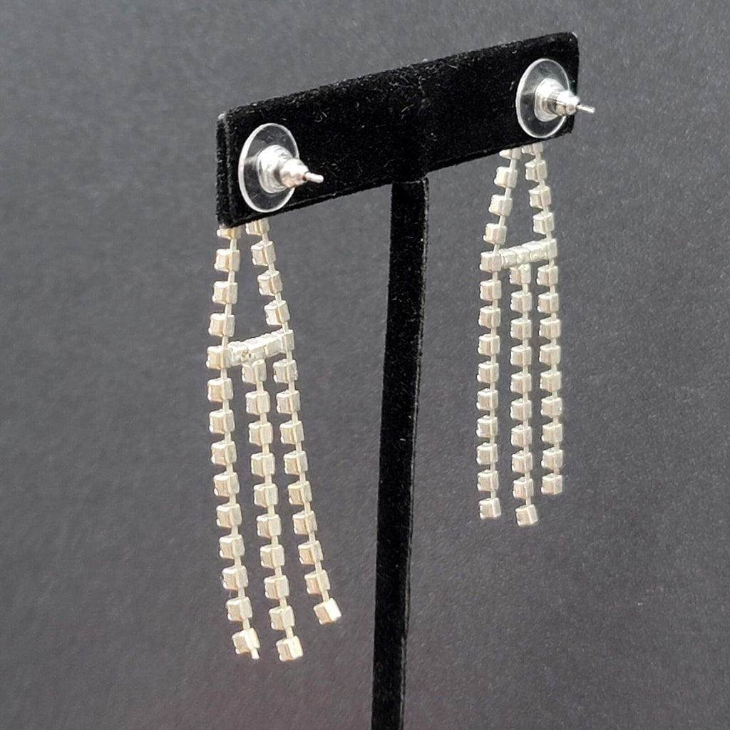 Vintage Pierced Earrings Silver tone Rhinestone Triple Dangle 2.25"