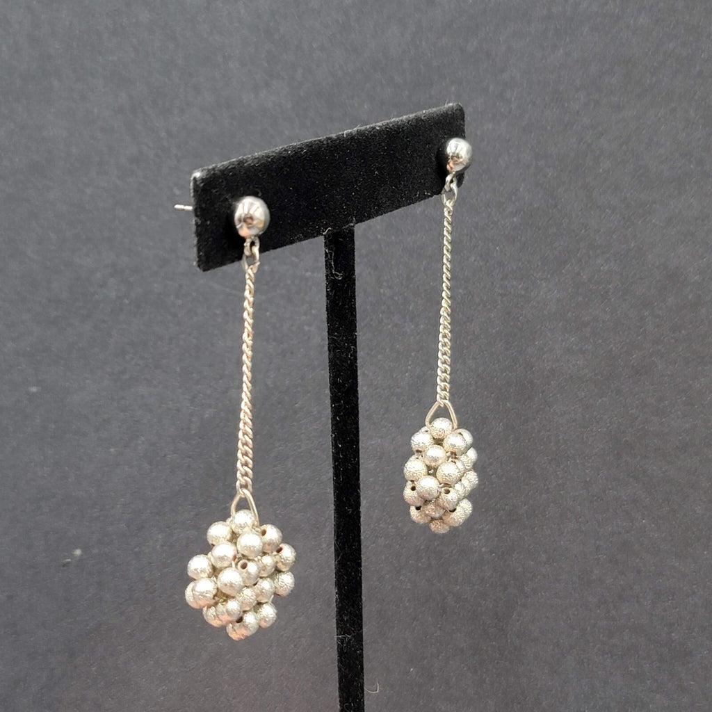 Vintage Pierced Earrings Silver tone Bead Cluster Dangle Unique 2.5"