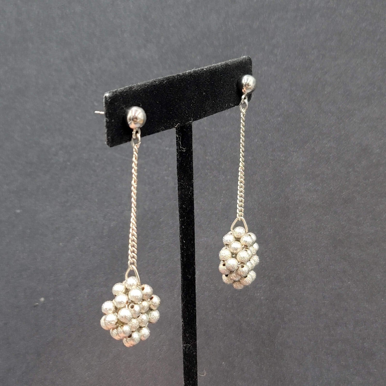 Vintage Pierced Earrings Silver tone Bead Cluster Dangle Unique 2.5"