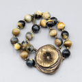 Agate Stone Bead Double Strand Bracelet Bronze tone Signed Elastic