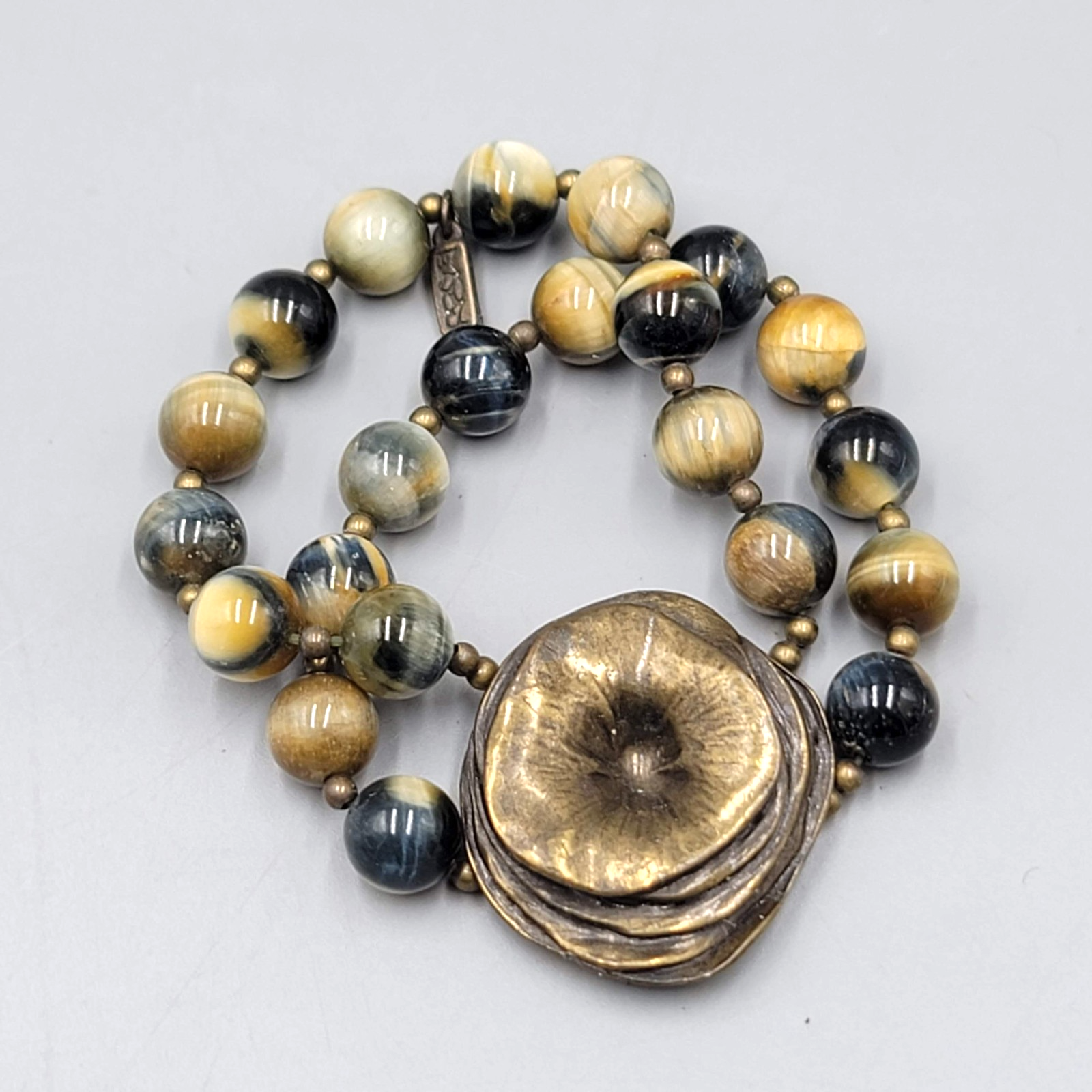 Agate Stone Bead Double Strand Bracelet Bronze tone Signed Elastic