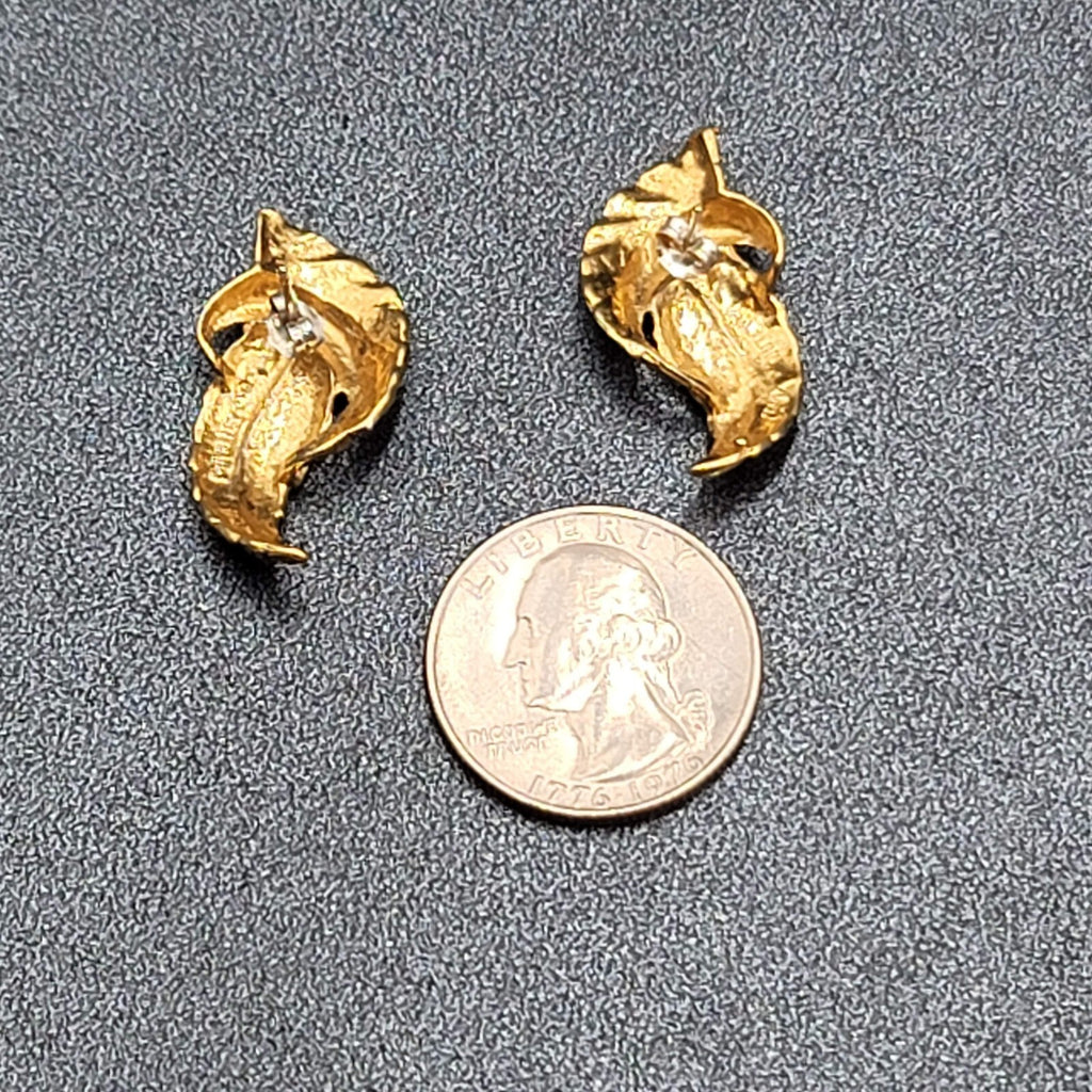 Sterling Silver Pierced Earrings 925 Gold Vermeil 2 Toned Drop Feather  1.25"