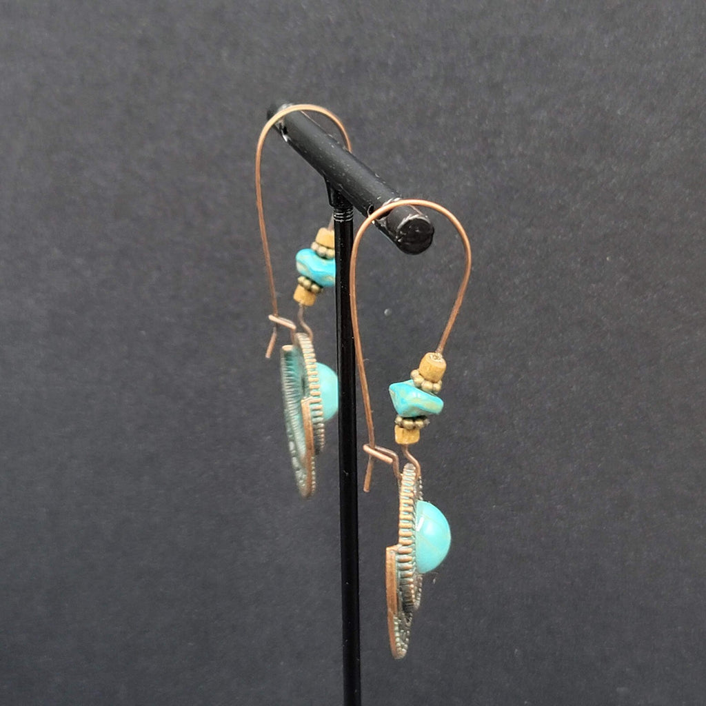 New Boho Pierced Earrings Faux Green Patina Copper tone Turquoise Bead 2.5"