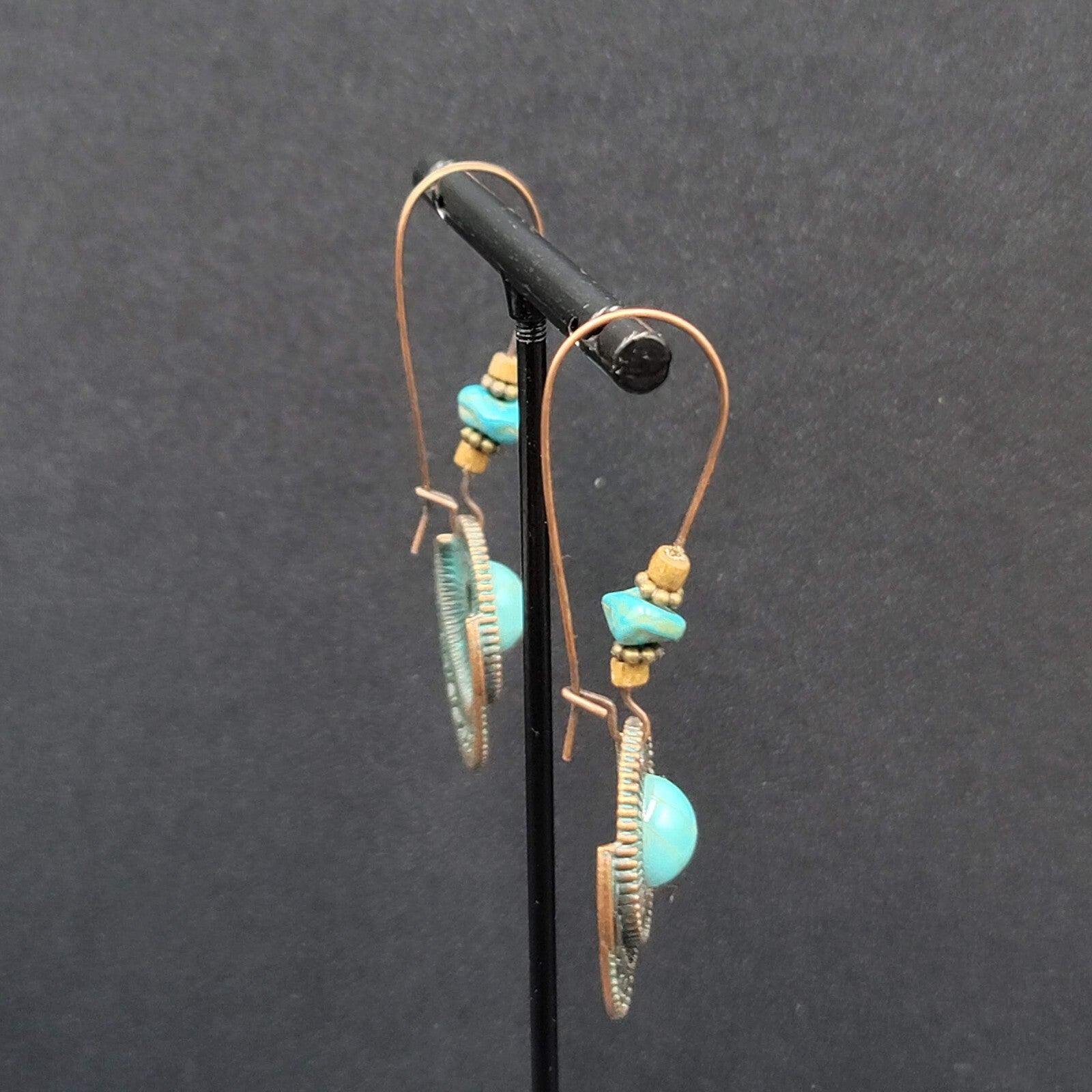 New Boho Pierced Earrings Faux Green Patina Copper tone Turquoise Bead 2.5"