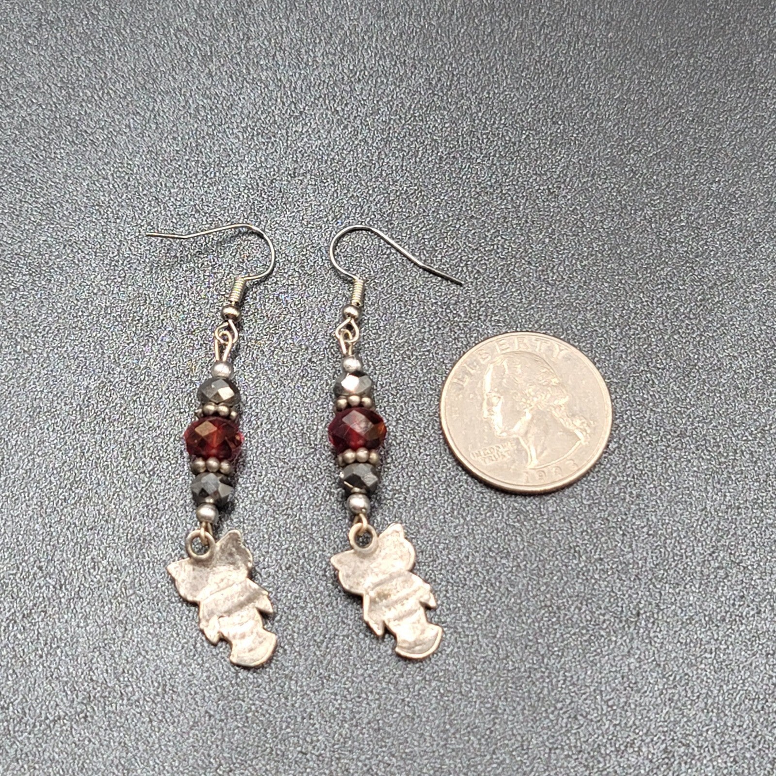 Owl Pierced Earrings Silver tone Red Bead Dangle 2"
