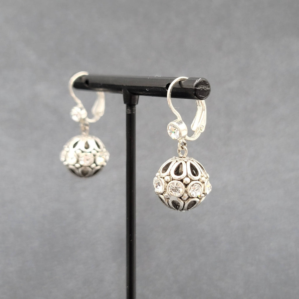 Pierced Earrings Silver tone Crystal Rhinestone Sphere Dangle 5/8" Sparkly!
