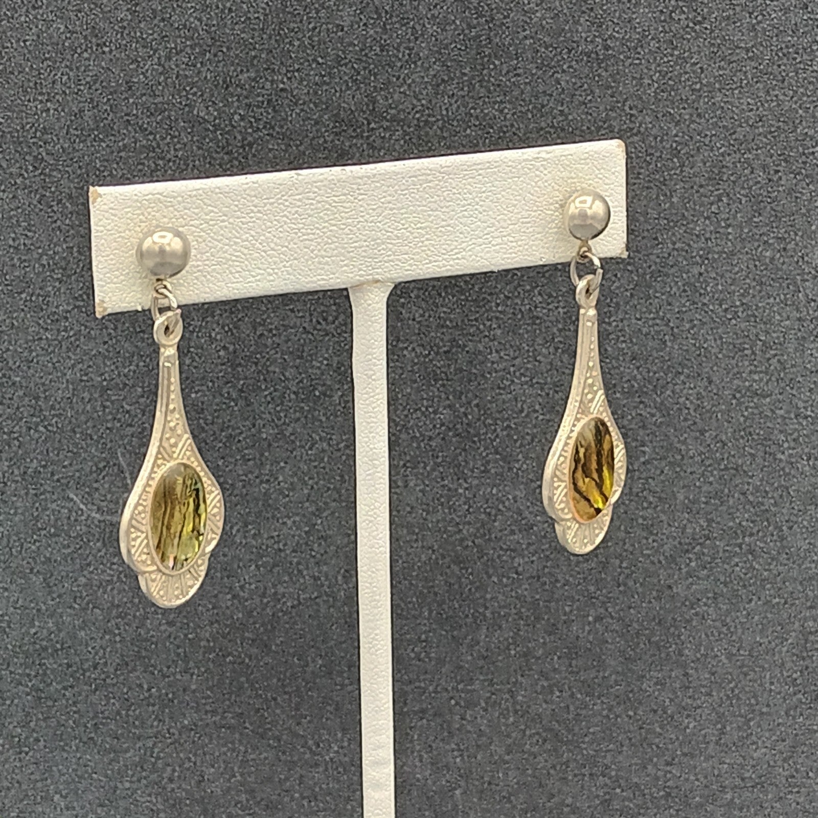 Vintage Pierced Earrings Silver tone Faux Abalone Dangle 1.75"