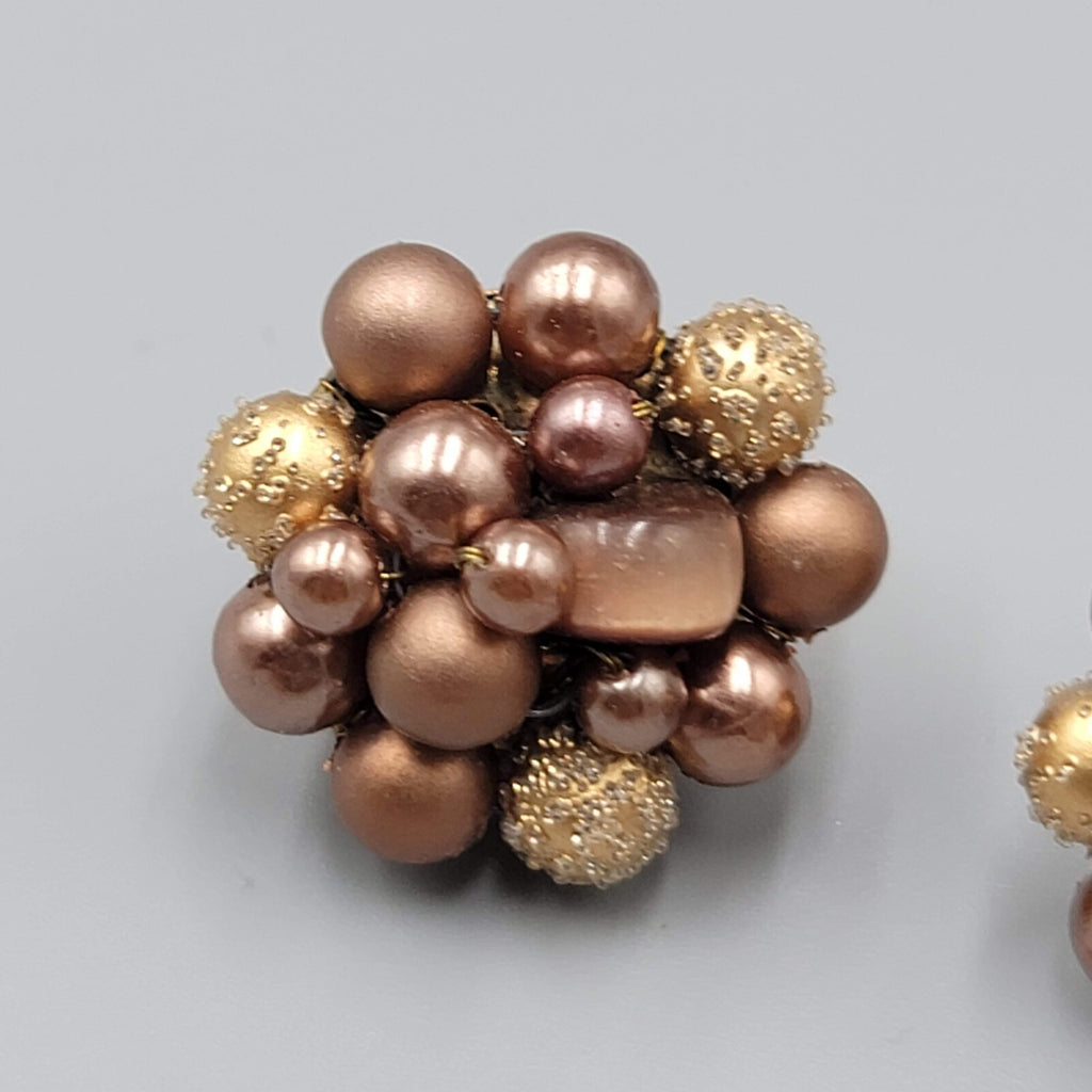 Vintage Japan Clip on Earrings Brown Cluster Bead Gold tone 7/8"