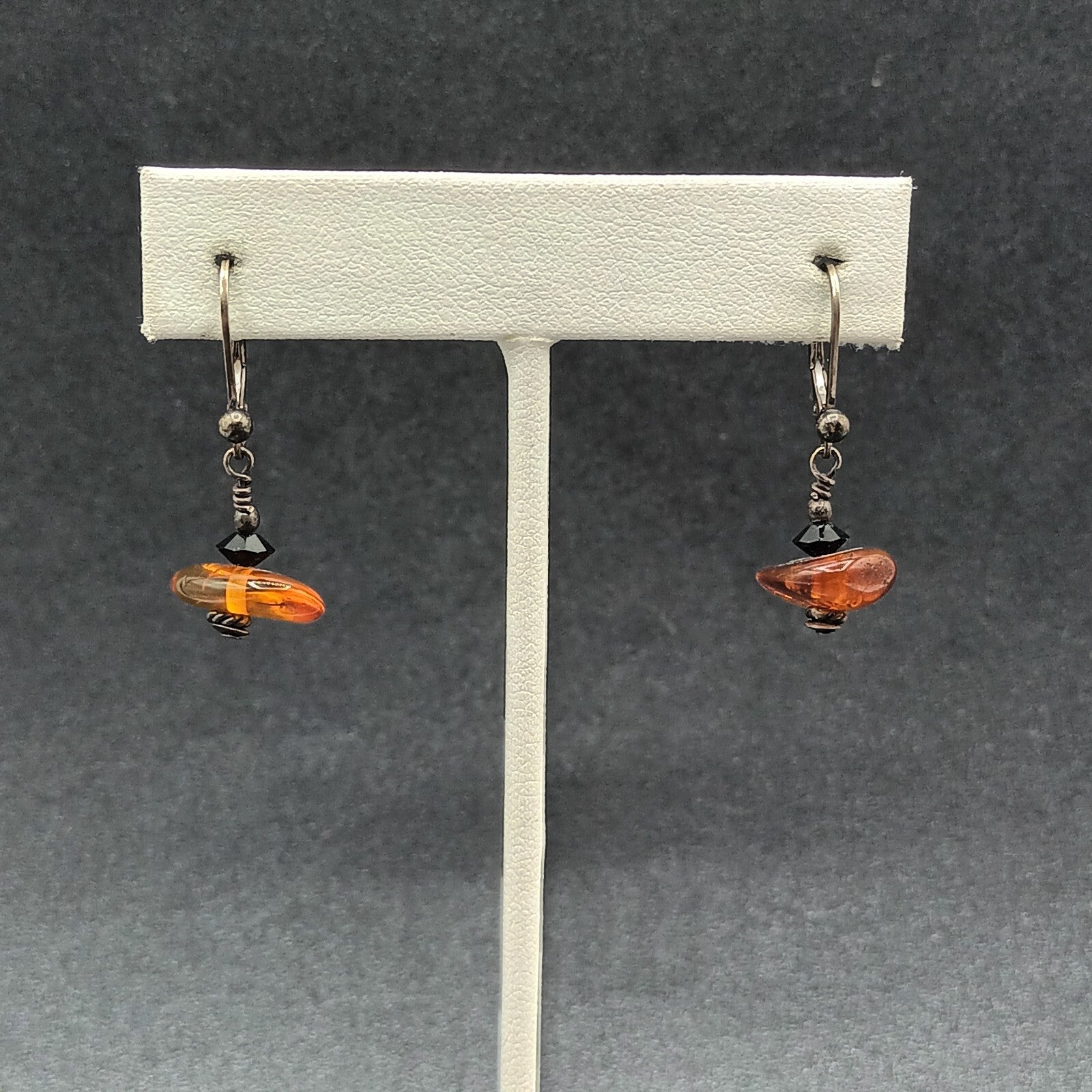 Pierced Earrings Black Metal Amber Beaded Dangle 1/2"