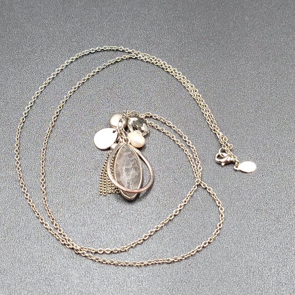 LOFT Pendant Necklace Silver tone Gray Stone Pearl LONG 32"