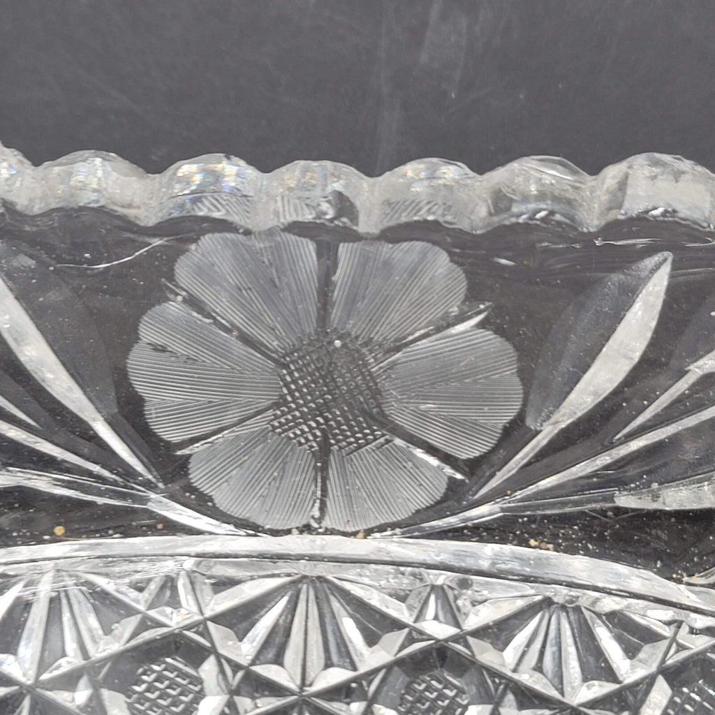 Brilliant Cut Glass Celery Dish Floral Saw Tooth Rim Flower Daisy 8 in
