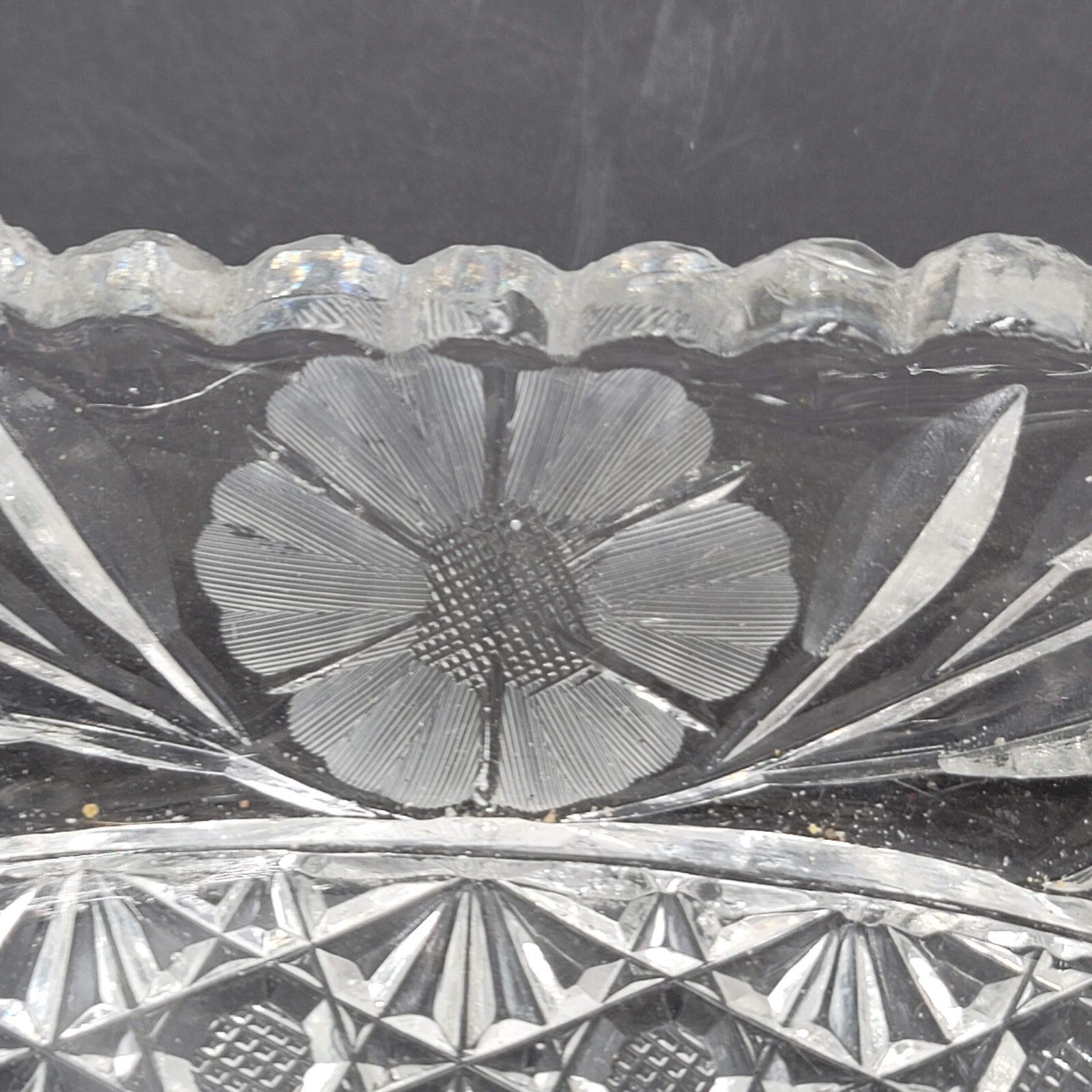 Brilliant Cut Glass Celery Dish Floral Saw Tooth Rim Flower Daisy 8 in