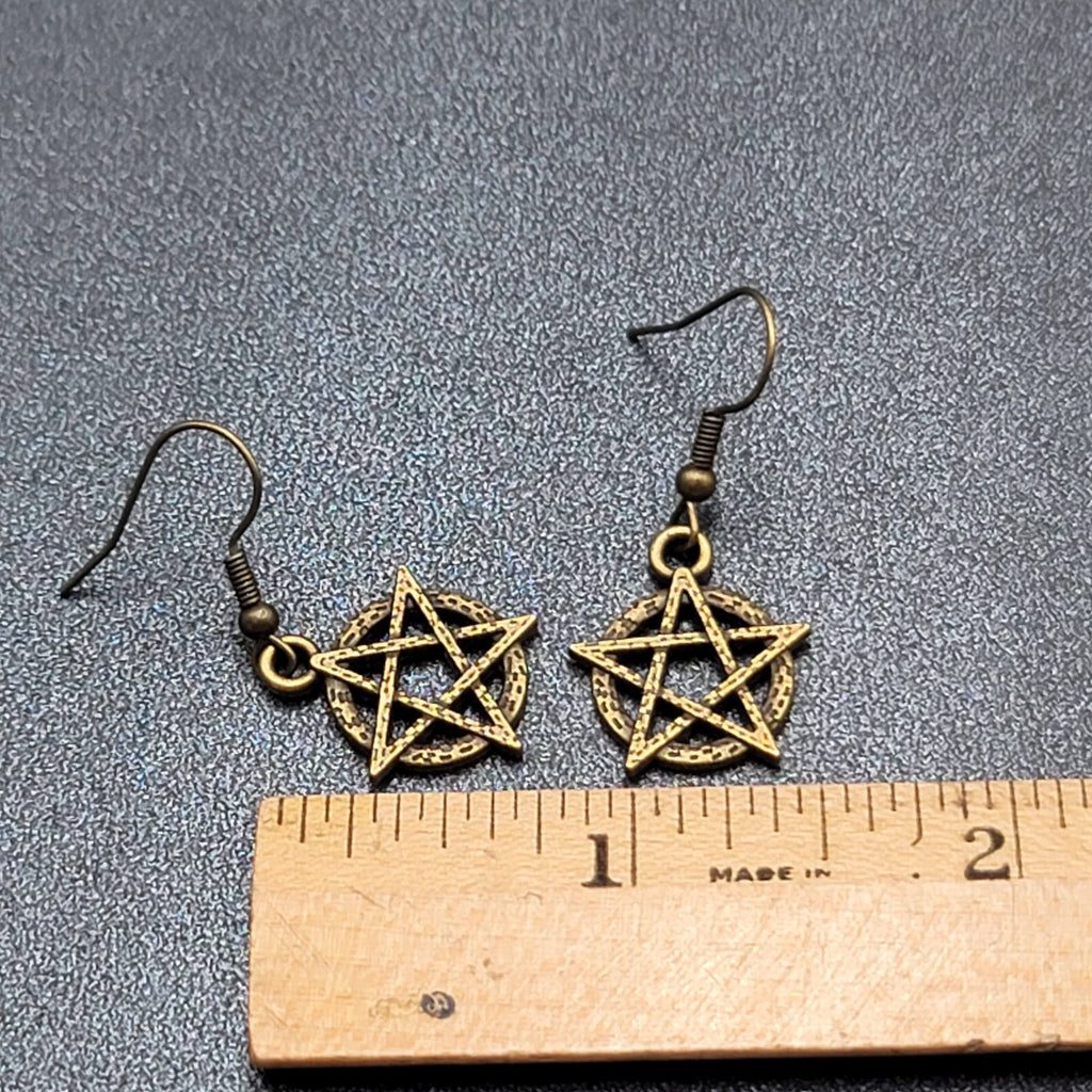New Pentacle Pierced Earrings Star in Circle Bronze tone Dangle 3/4"
