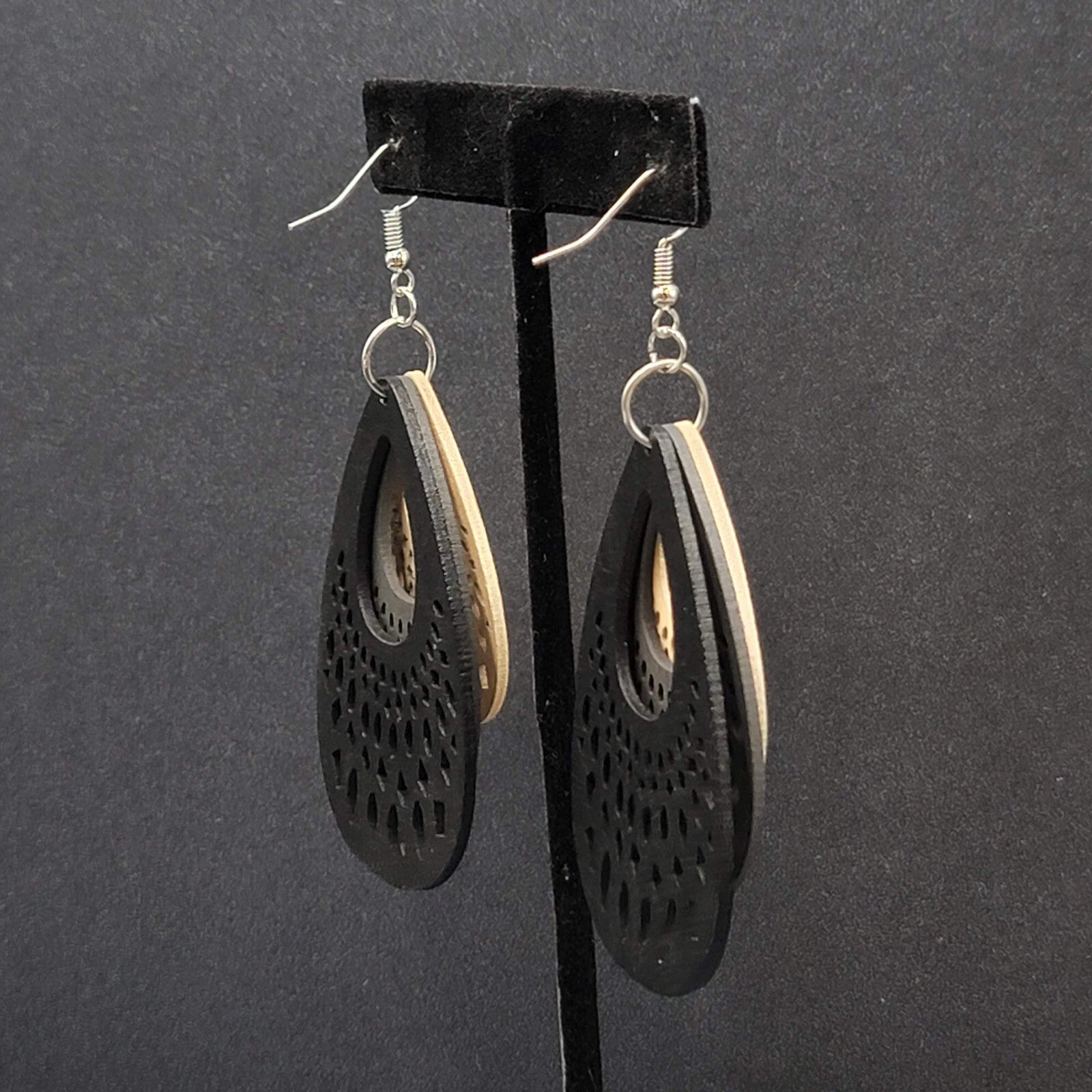 Pierced Earrings Triple Layer Wood Teardrop Dangle Tan Gray Black 2.75"