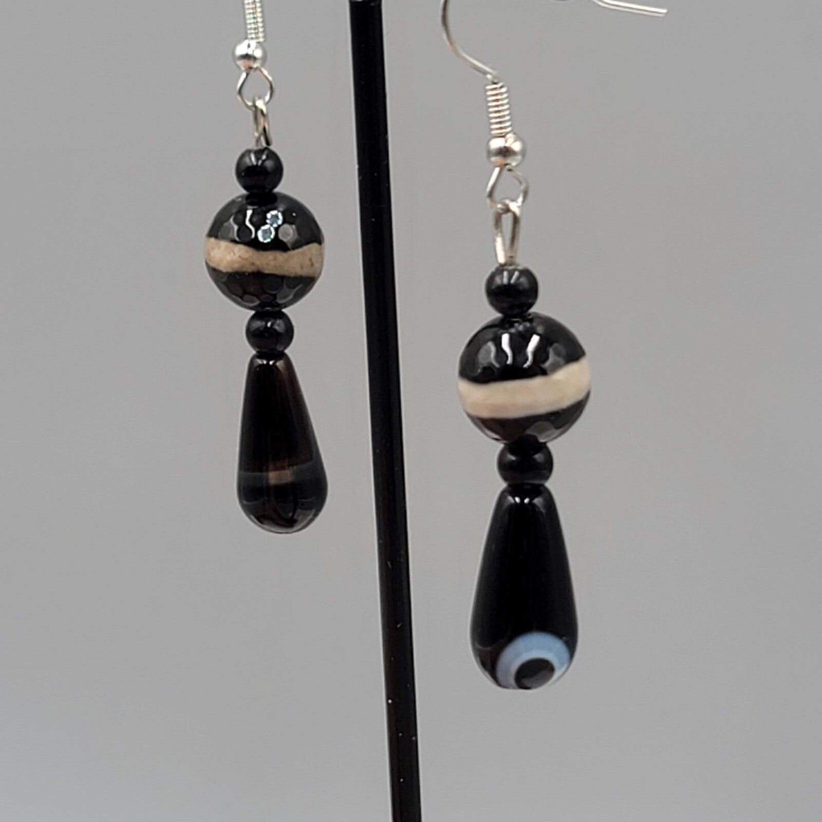 Pierced Earrings Silver tone Black Brown Art Glass Bead Dangle 1.5"