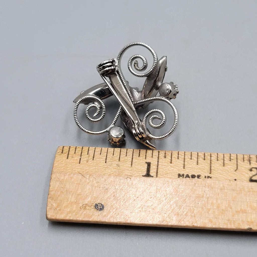 Vintage Black Hematite Rhinestone Brooch Silver tone Swirl 1 in