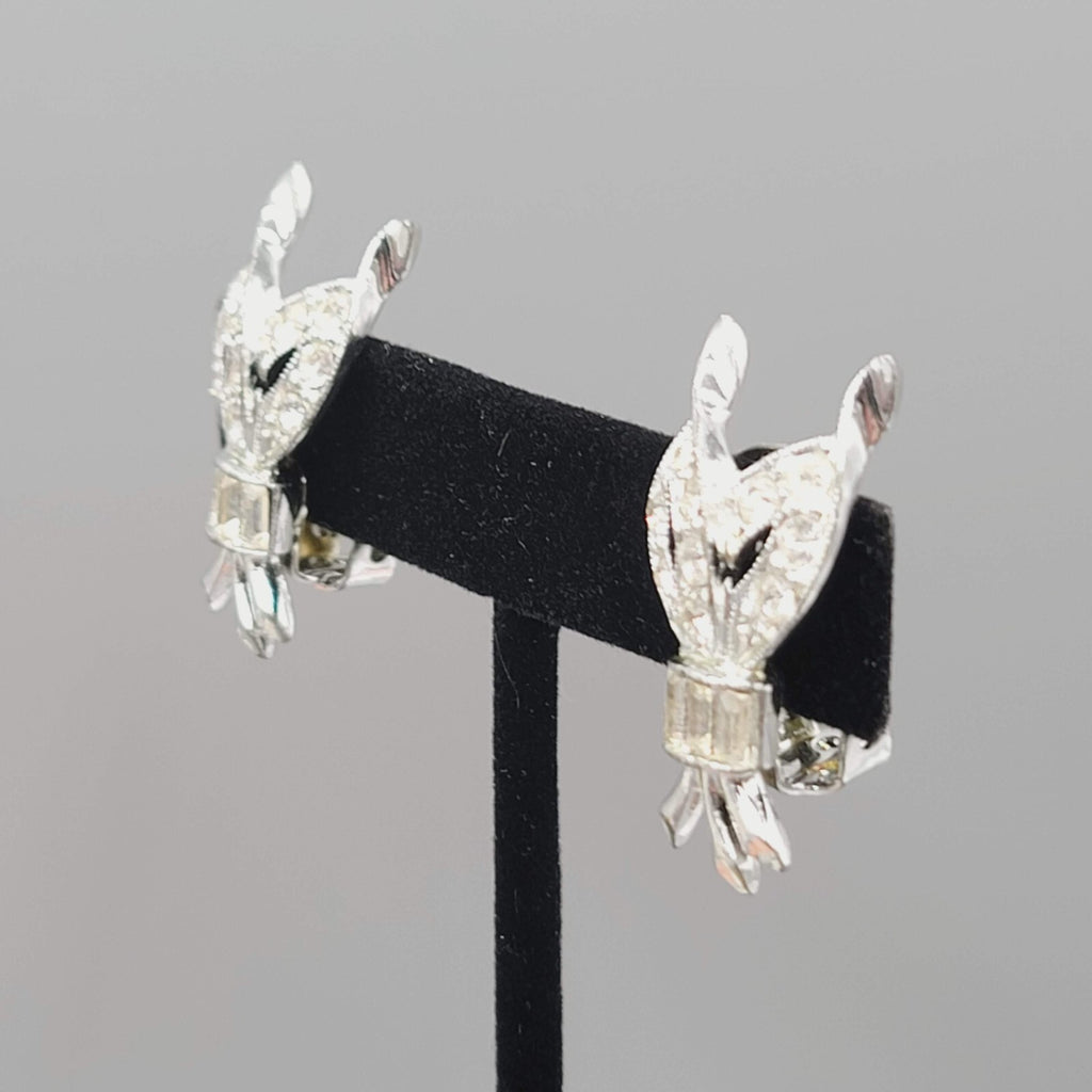 Vintage Rhinestone Clip on Earrings Silver toneUnique Design 1.25"