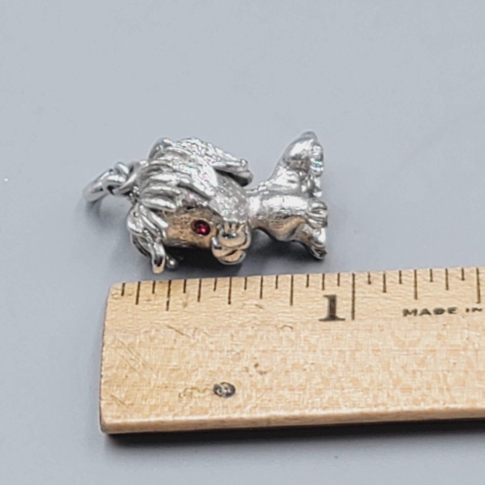 Vintage Monet Dog Charm Silver Tone Dangle Red Rhinestone Eyes 1"
