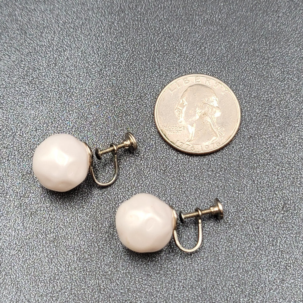 Vintage Clip on Earrings Silver tone Large White Molded Studs Screw Back 5/8"