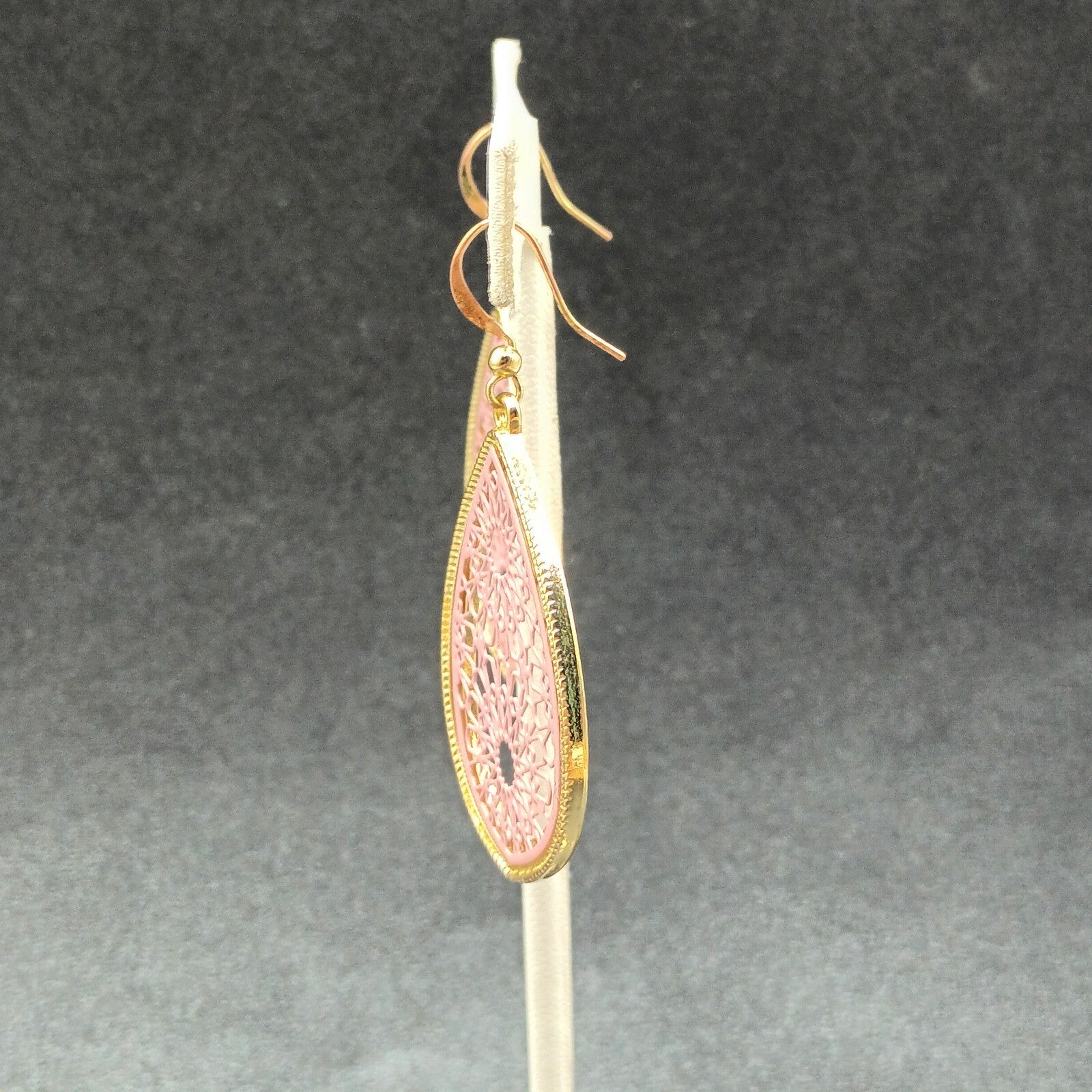 Pierced Earrings Gold tone Pink Acrylic Open Work Teardrop Dangle  1 3/4"