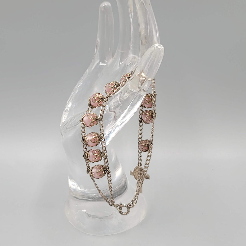 Vintage Sterling Rosary Pink Moonglow Capped Beads Bracelet 7"