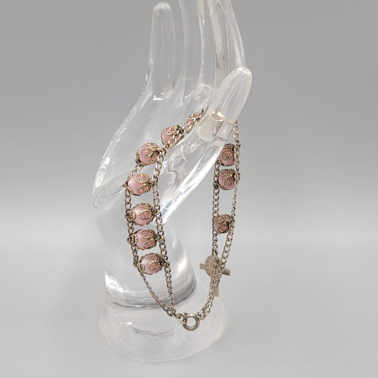 Vintage Sterling Rosary Pink Moonglow Capped Beads Bracelet 7"