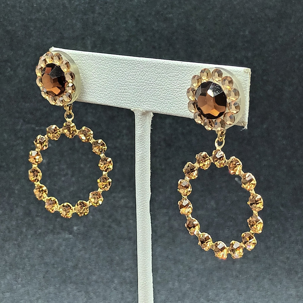 Pierced Earrings Gold tone Brown Faceted Crystal Open Round Dangle 1 7/8"