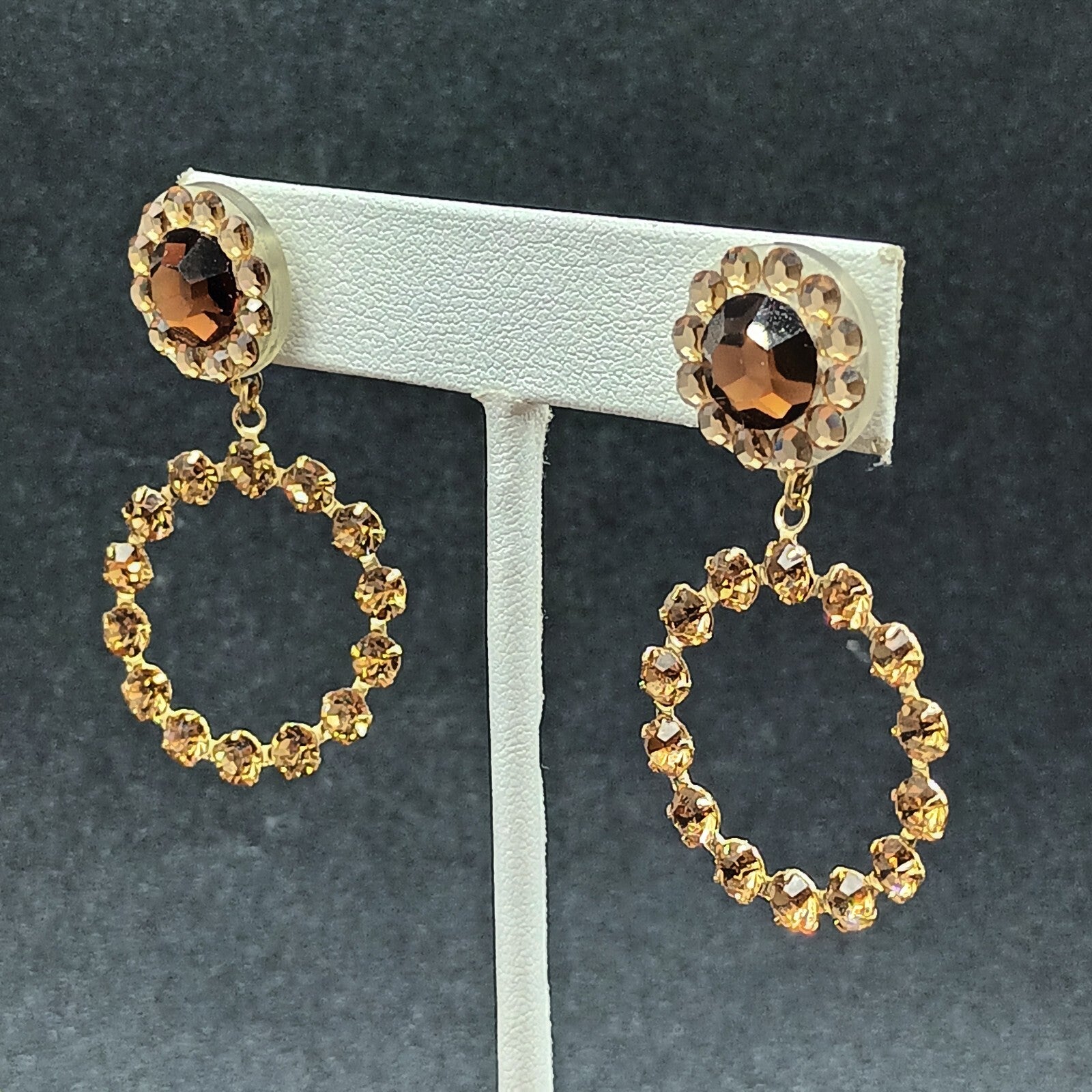 Pierced Earrings Gold tone Brown Faceted Crystal Open Round Dangle 1 7/8"