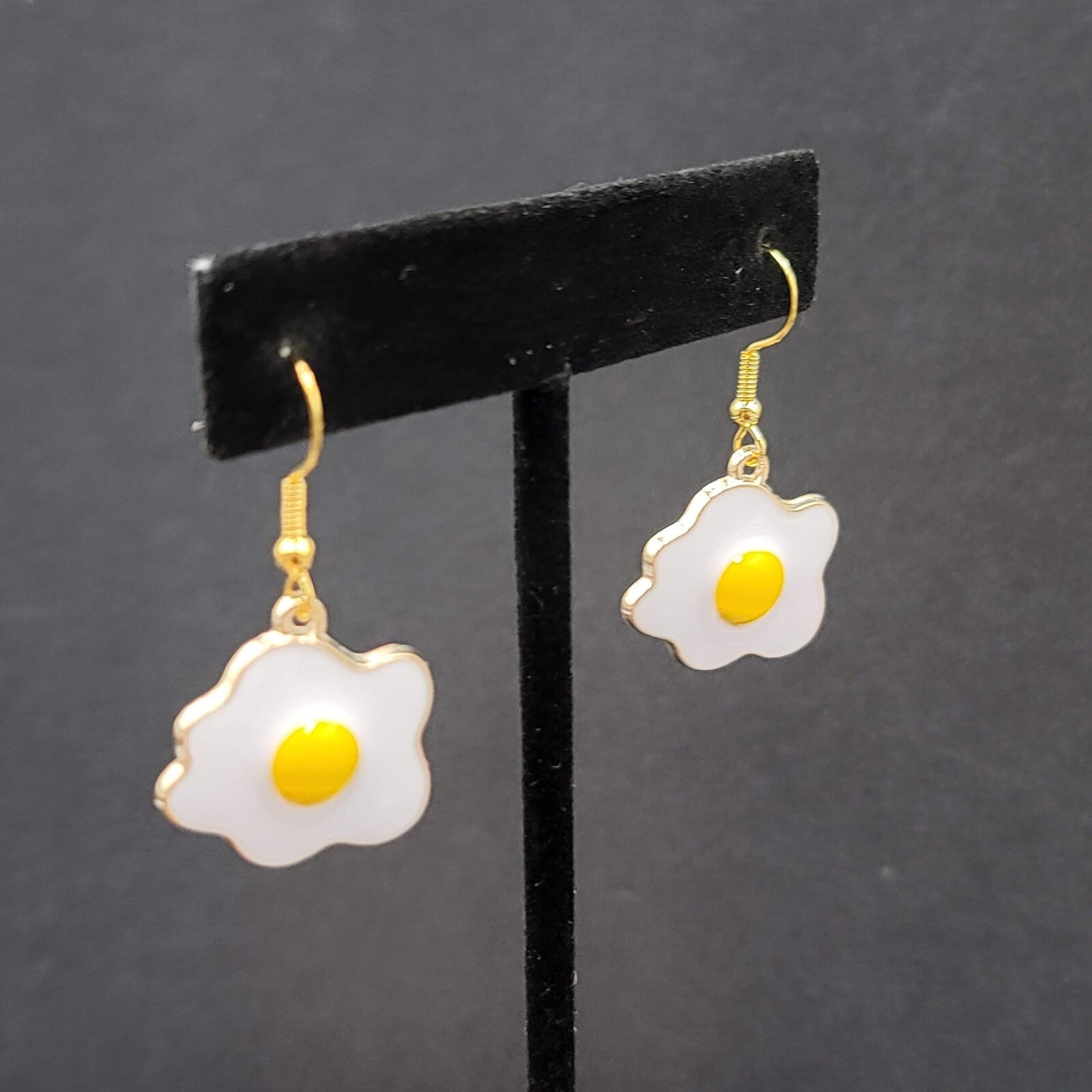 Pierced Earrings Enamel over Metal Gold tone Fried Egg 7/8"