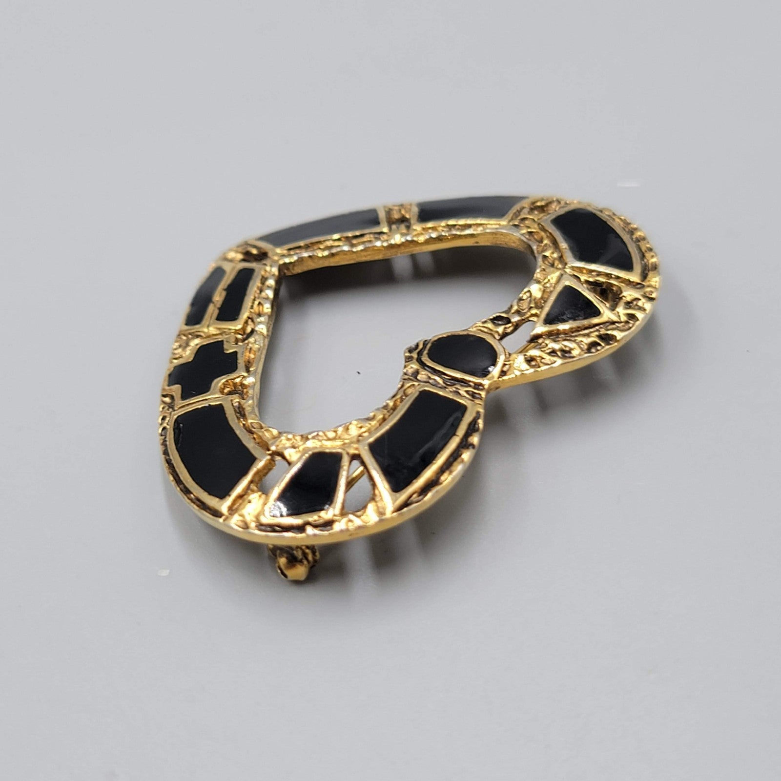 Vintage Open Heart Black Enamel Brooch Gold tone 1.75"