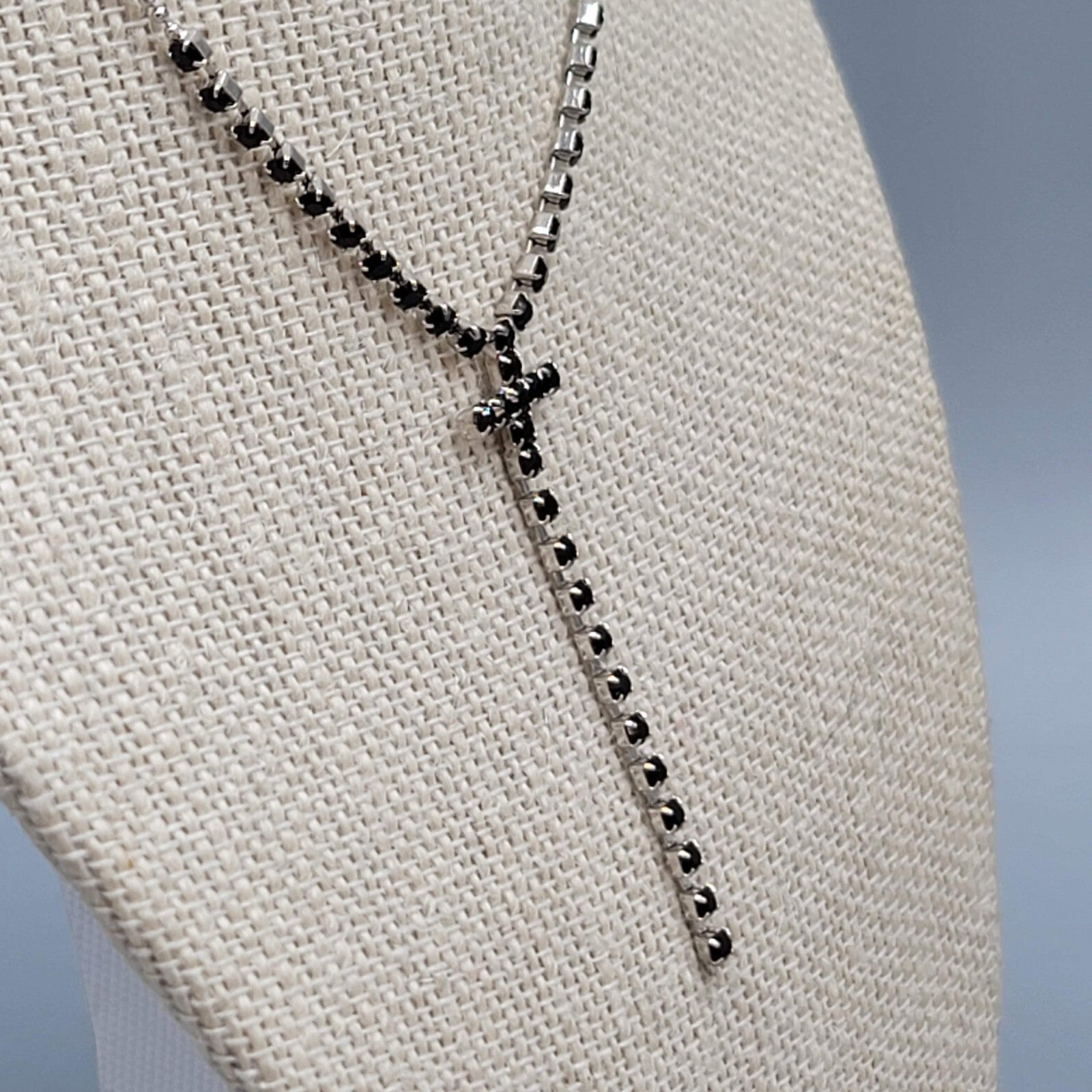 Black Rhinestone Cross Pendant Necklace Silver tone Y Drop 16"+