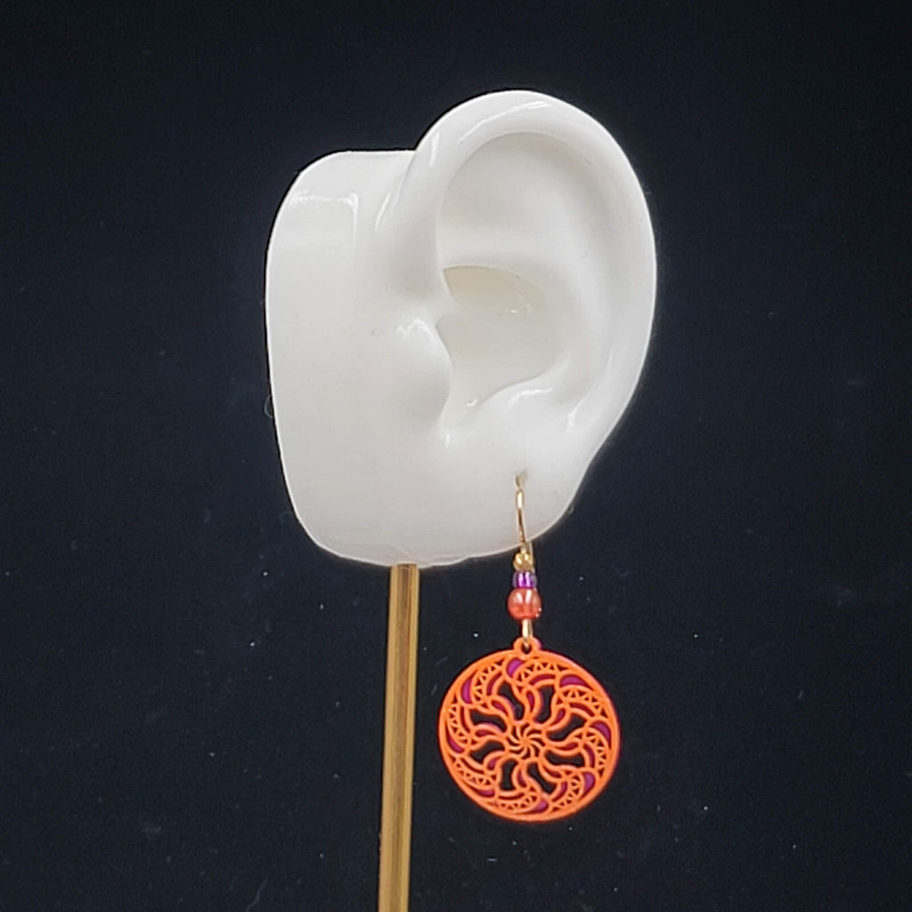 Laser Cut Metal Pierced Earrings Orange Purple Dangle 1"