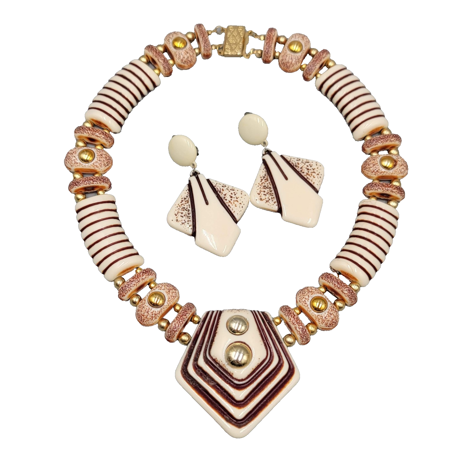 Vintage Large Statement Necklace Earrings Set Clip On Womens Cream Brown Acrylic