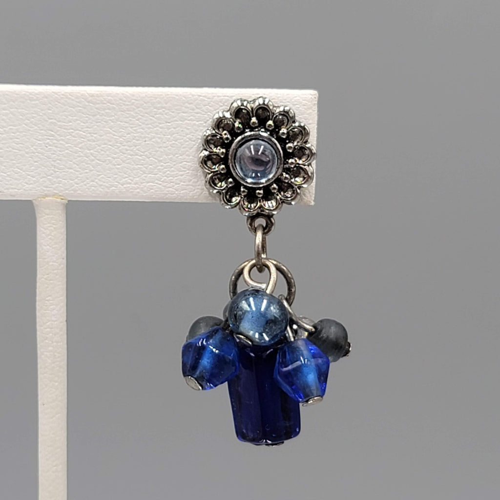 Oops a Daisy Pierced Earrings Blue Glass Beads Silver tone 1.5 in