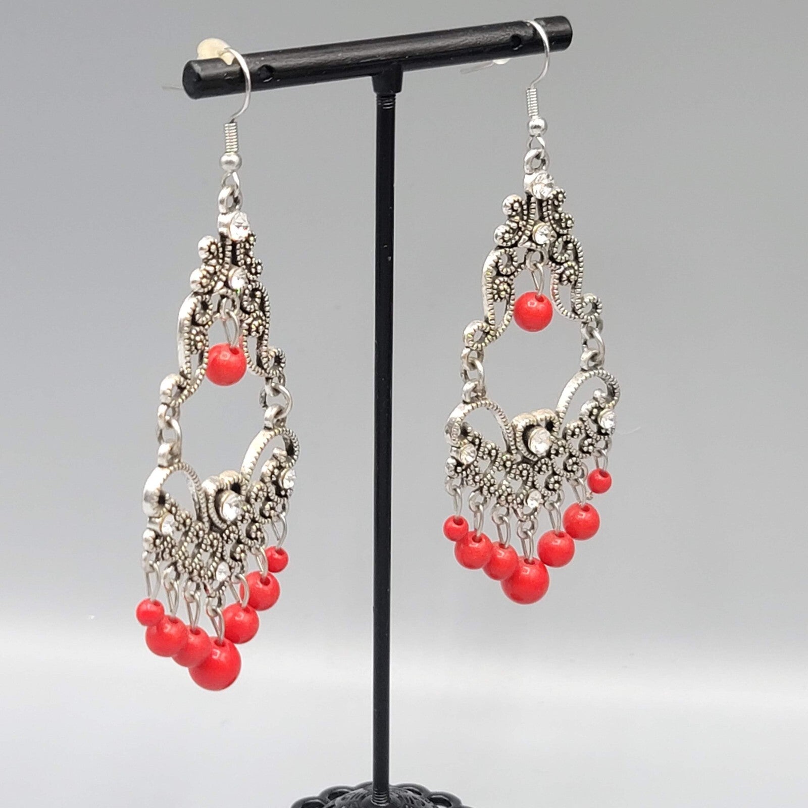 Chandelier Pierced Earrings Silver tone Red Bead Crystal Rhinestone 2.5"