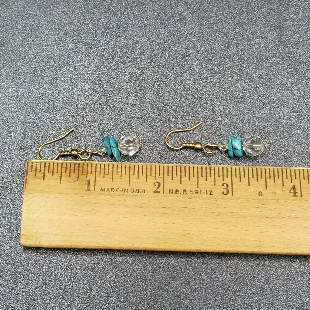 Pierced Earrings Gold tone Crystal Faceted Stone Turquoise Beaded Dangle 3/4"