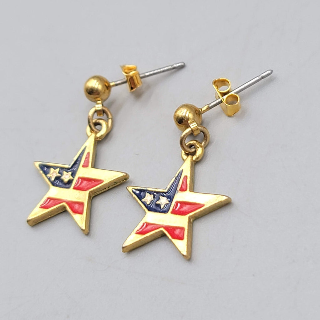 Vintage Patriotic USA Flag Star Pierced Earrings Gold tone Dangle  3/4"