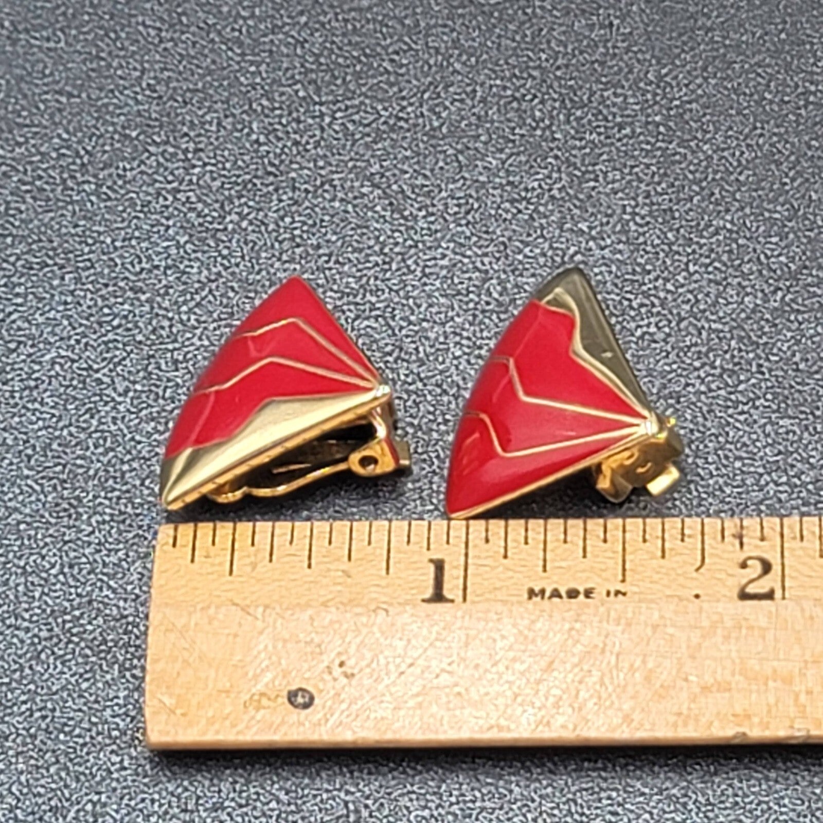 Vintage Clip on Earrings Gold Plated Red Enamel Fan Design 3/4"
