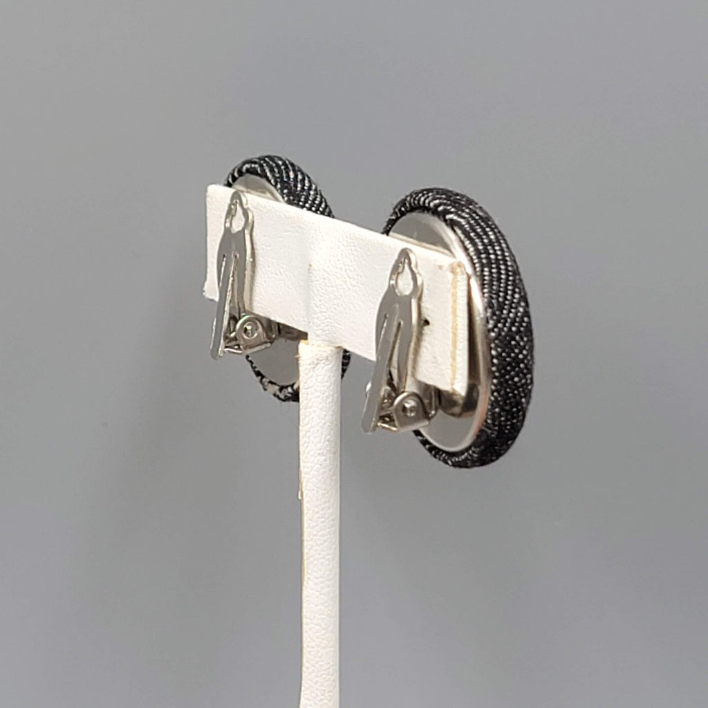 Vintage Black Denim Clip on Earrings Round Drop 1 1/8"