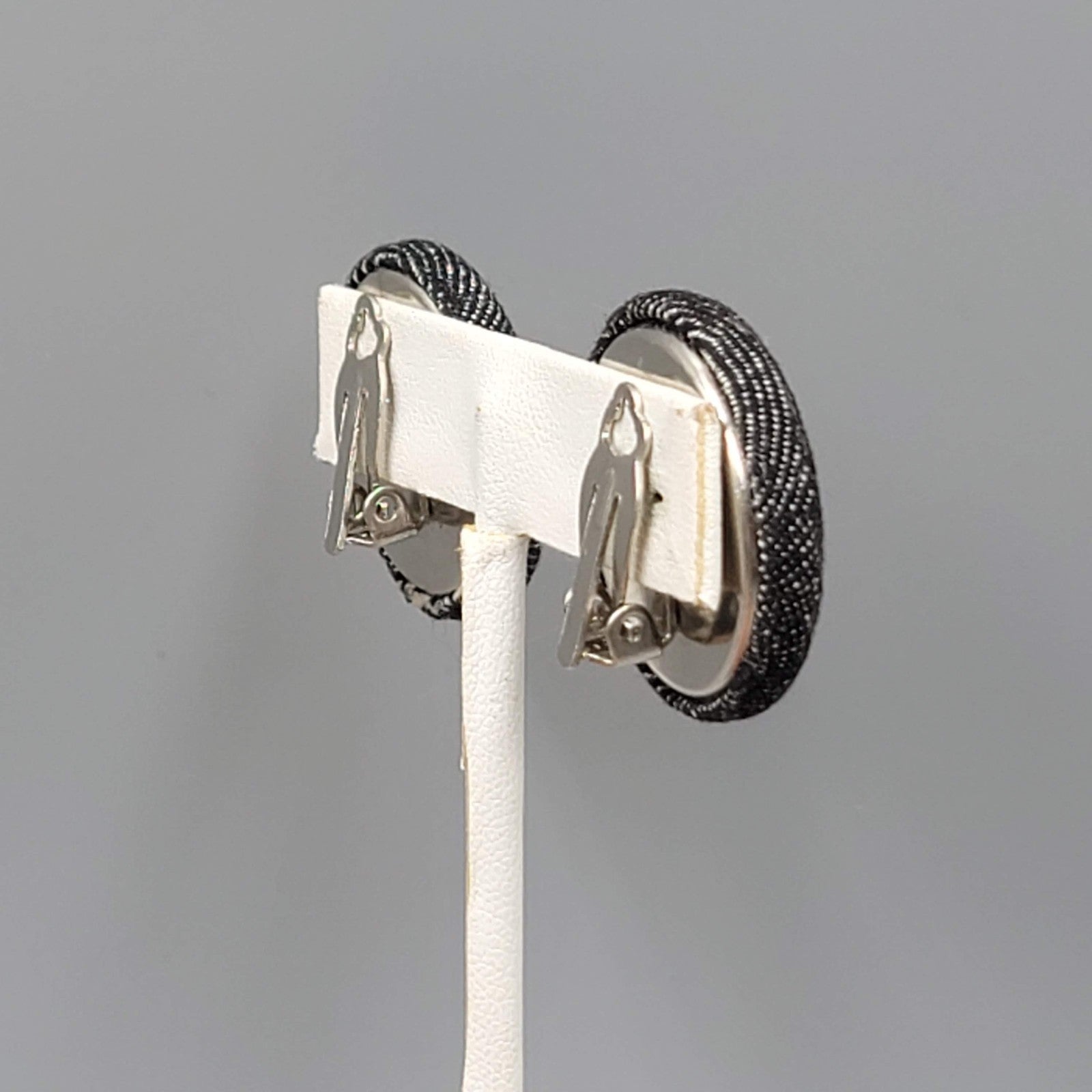 Vintage Black Denim Clip on Earrings Round Drop 1 1/8"