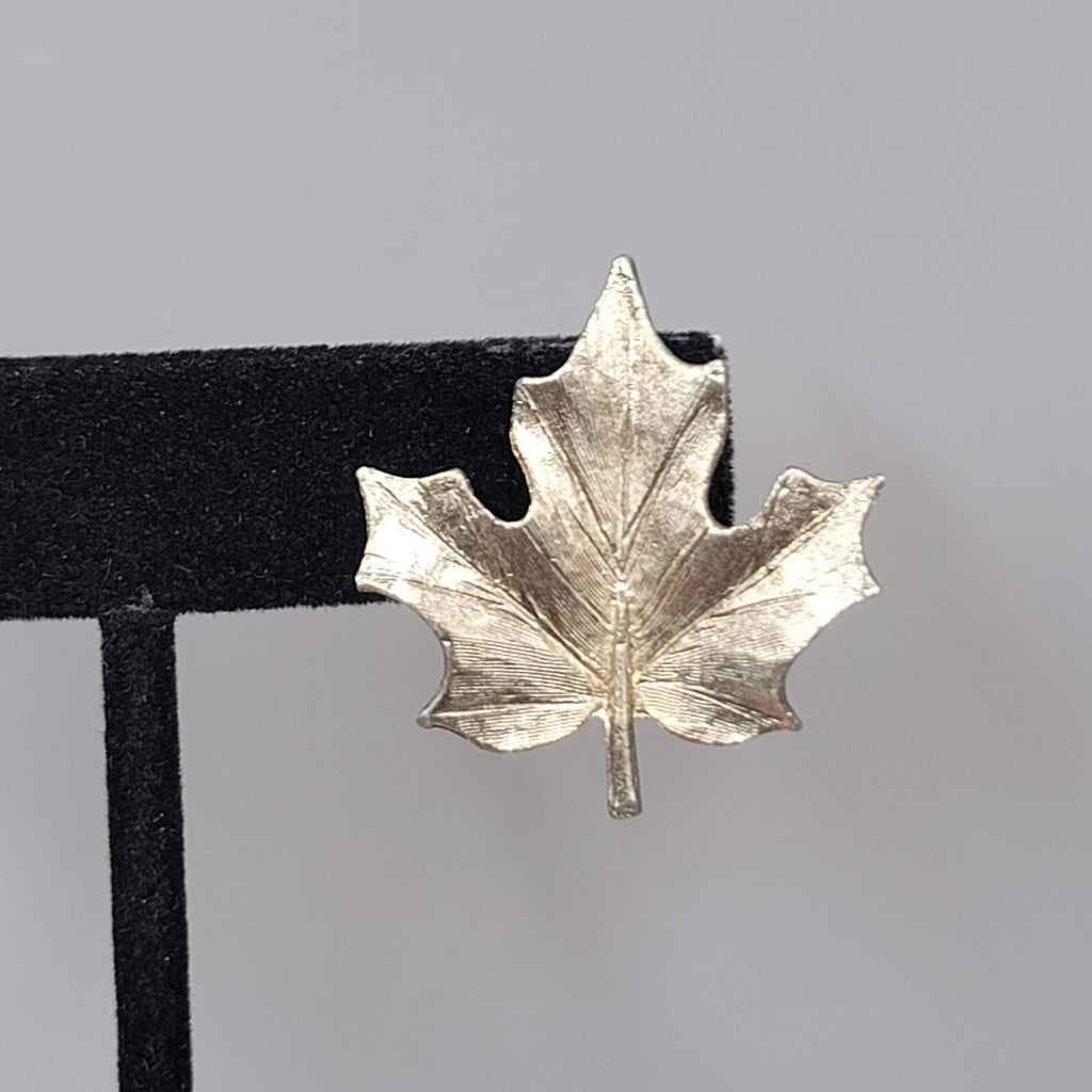 Vintage Leaf Clip on Earrings Brushed Textured Silver tone 1.25"