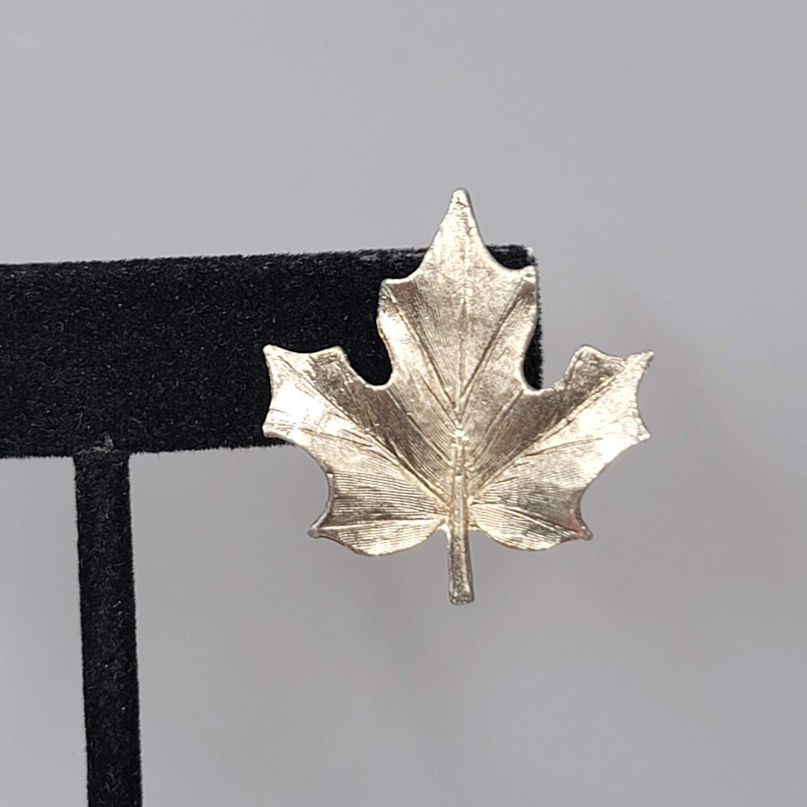 Vintage Leaf Clip on Earrings Brushed Textured Silver tone 1.25"