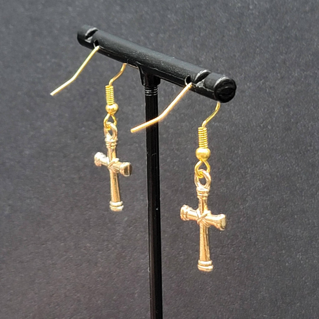 Cross Pierced Earrings Gold tone Dangle 3/4"