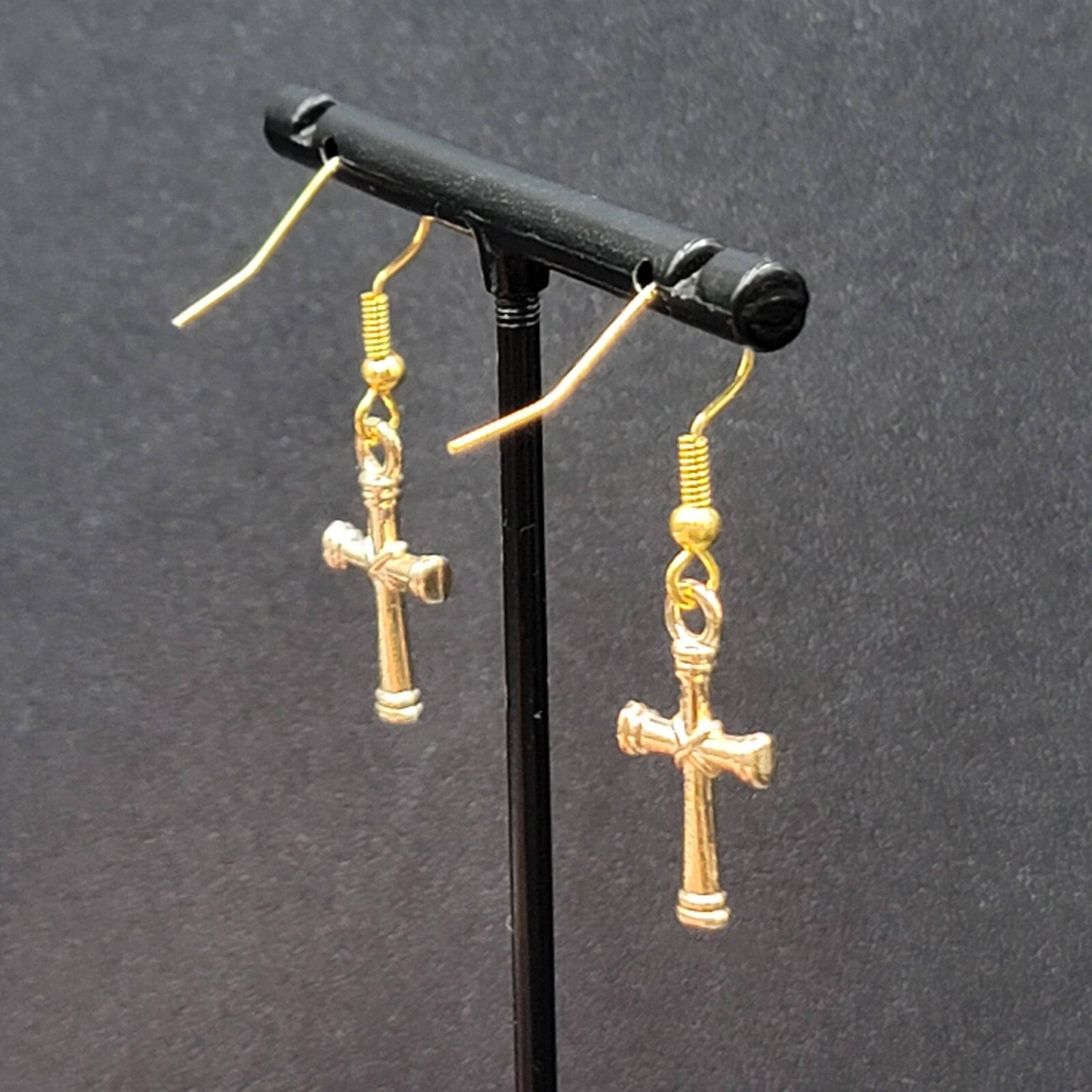 Cross Pierced Earrings Gold tone Dangle 3/4"