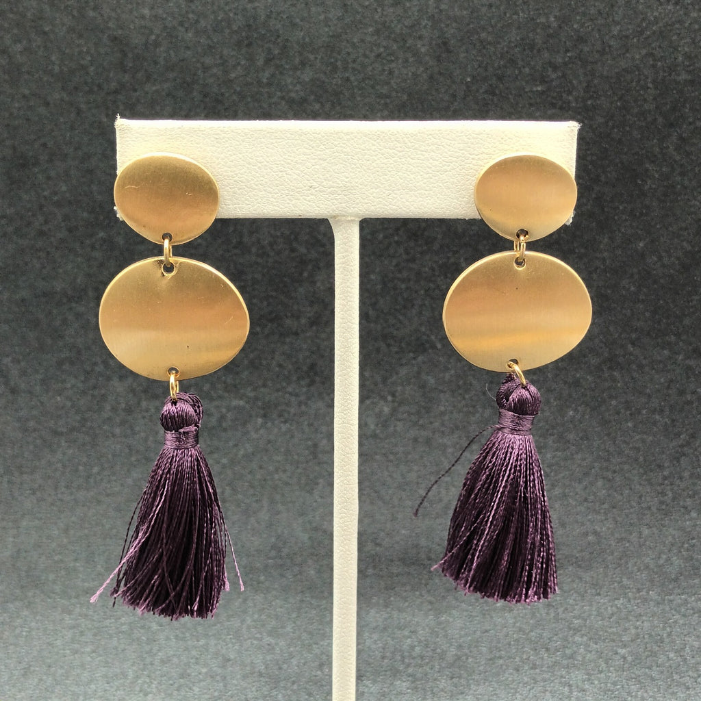 Pierced Earrings Gold tone Purple Tassel Statement Dangle 2 5/8"