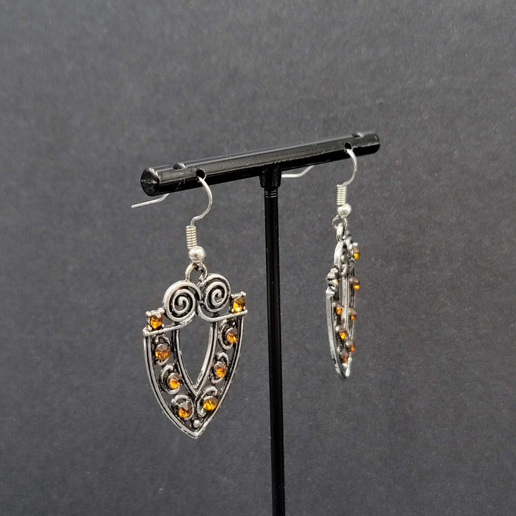 Pierced Earrings Silver tone Orange Rhinestone Dangle 1 3/8"