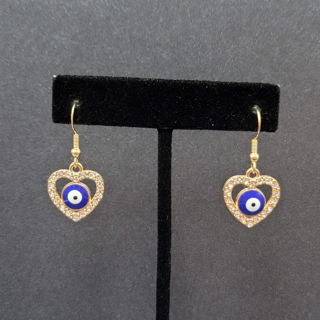 Pierced Earrings Gold tone Enamel Evil Eye Rhinestone Heart Dangle 3/4"